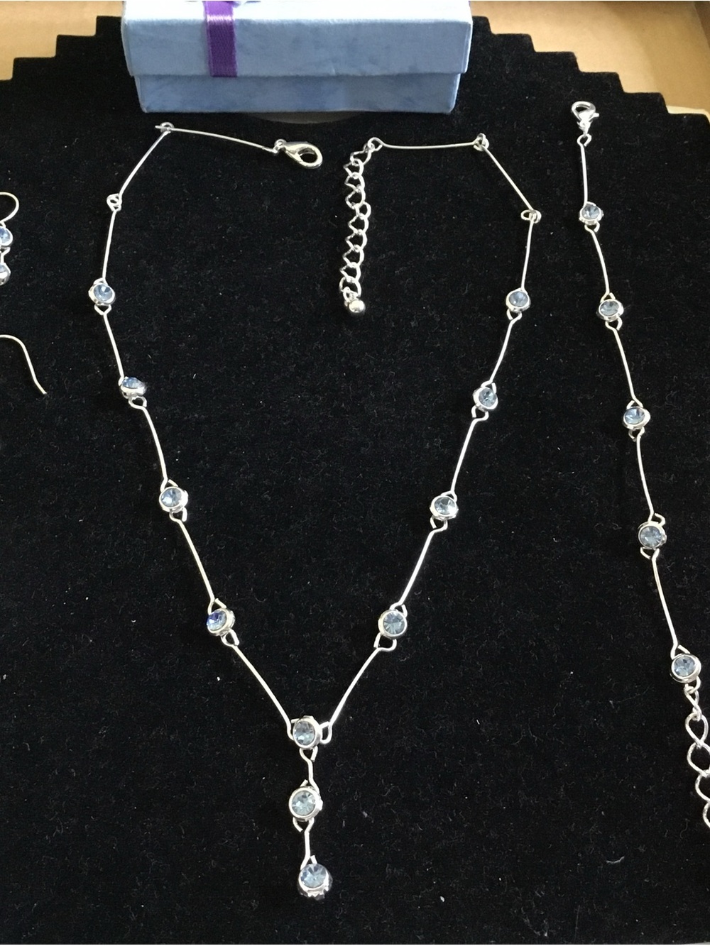 Delicate Silver Necklace Bracelet Earrings Set with Light Blue Crystals